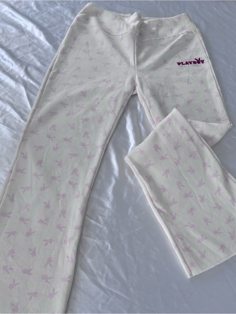 PLAYBOY Cream Pajama Pants with Light Pink Bunny Pattern and Logo